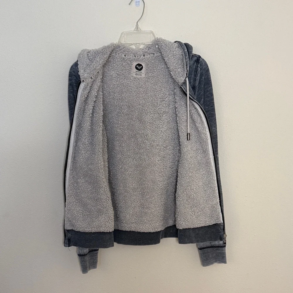Roxy Gray Faded Zip-Up Hoodie with Sherpa Lining Women SizeM - Picture 3 of 6
